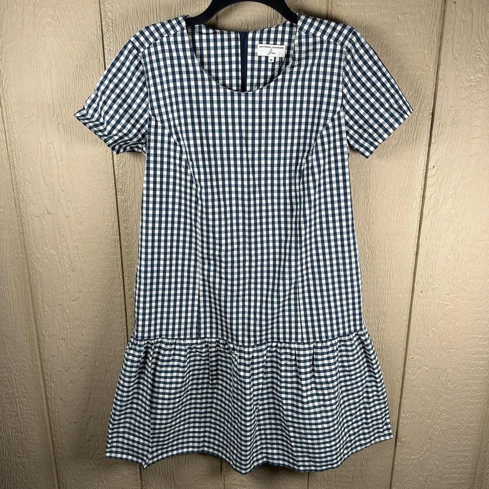 Universal Standard For J. Crew Gingham Poplin Drop-Waist Dress Sz XS Blue Preppy